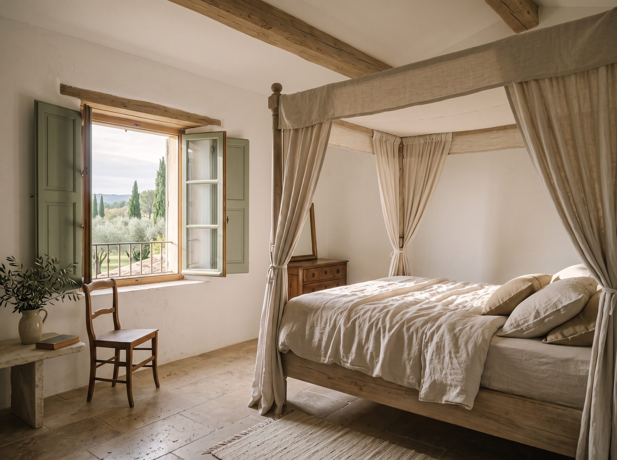 La suite de la Yeuse : lit à baldaquin de lin, lumière du matin