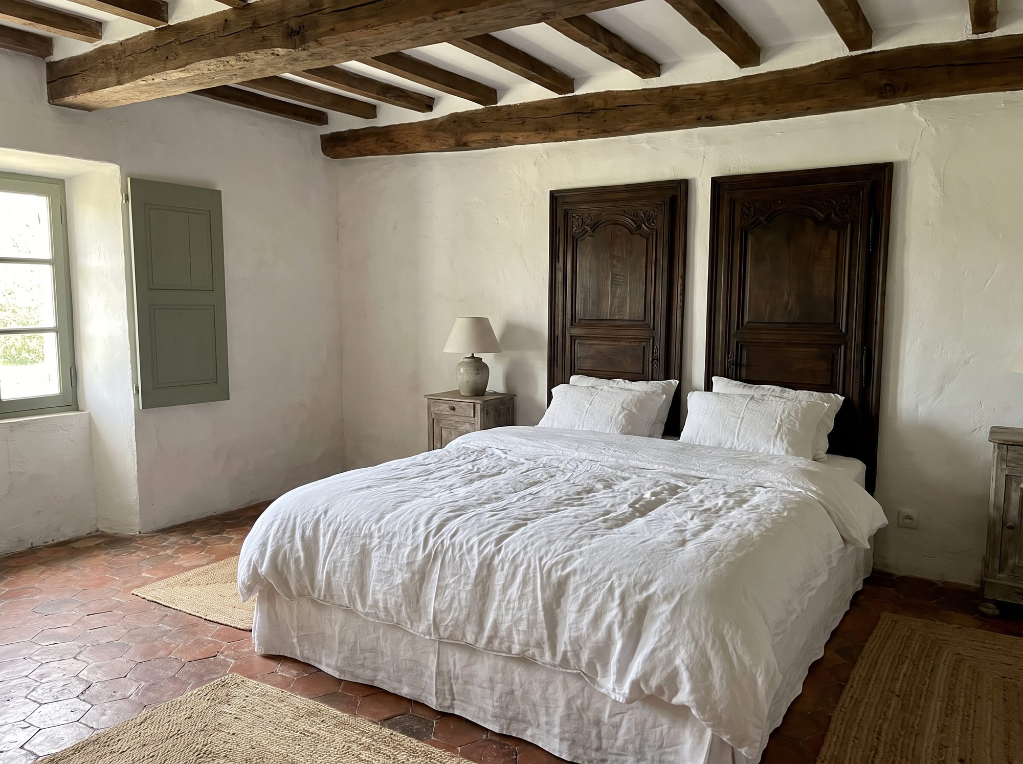 La chambre du Verger : lit blanc, portes anciennes en bois sculpté