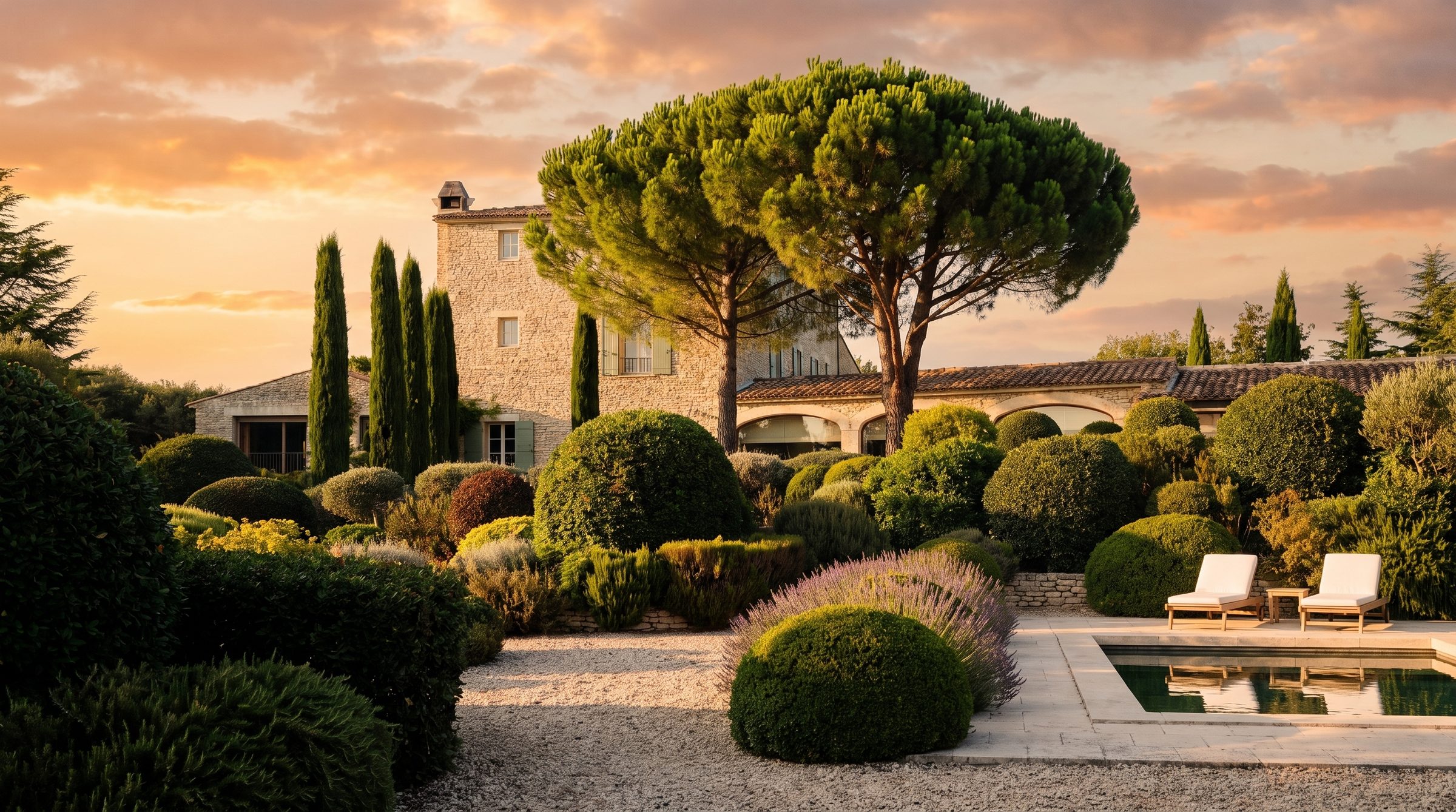 Le Mas de la Yeuse au milieu de ses jardins, sous les pins parasols et les cyprès