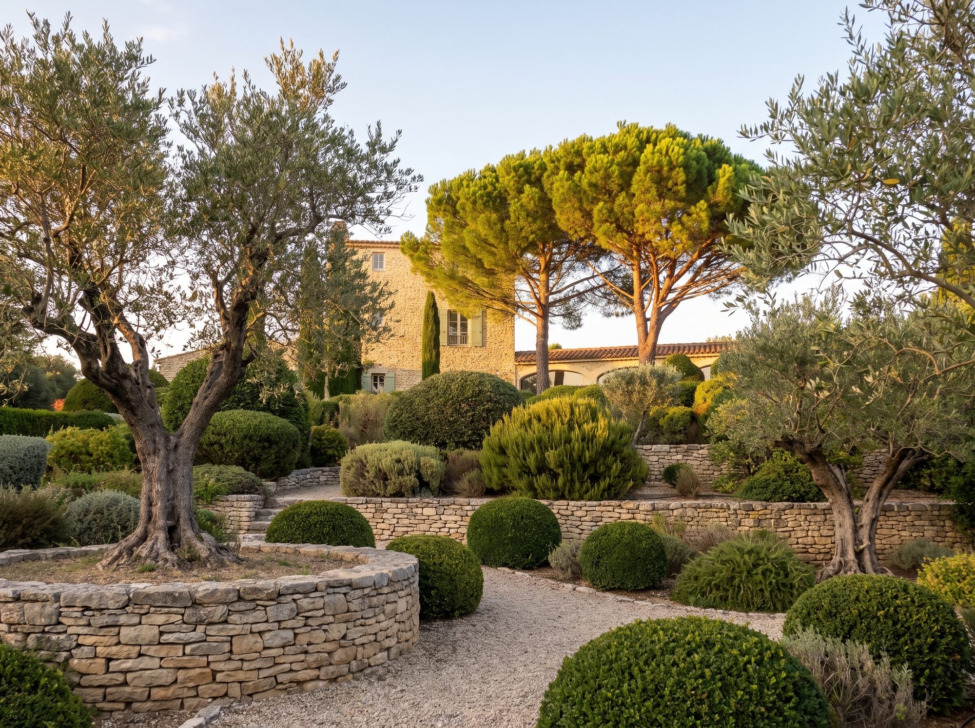 Le patio en pierre sous les oliviers