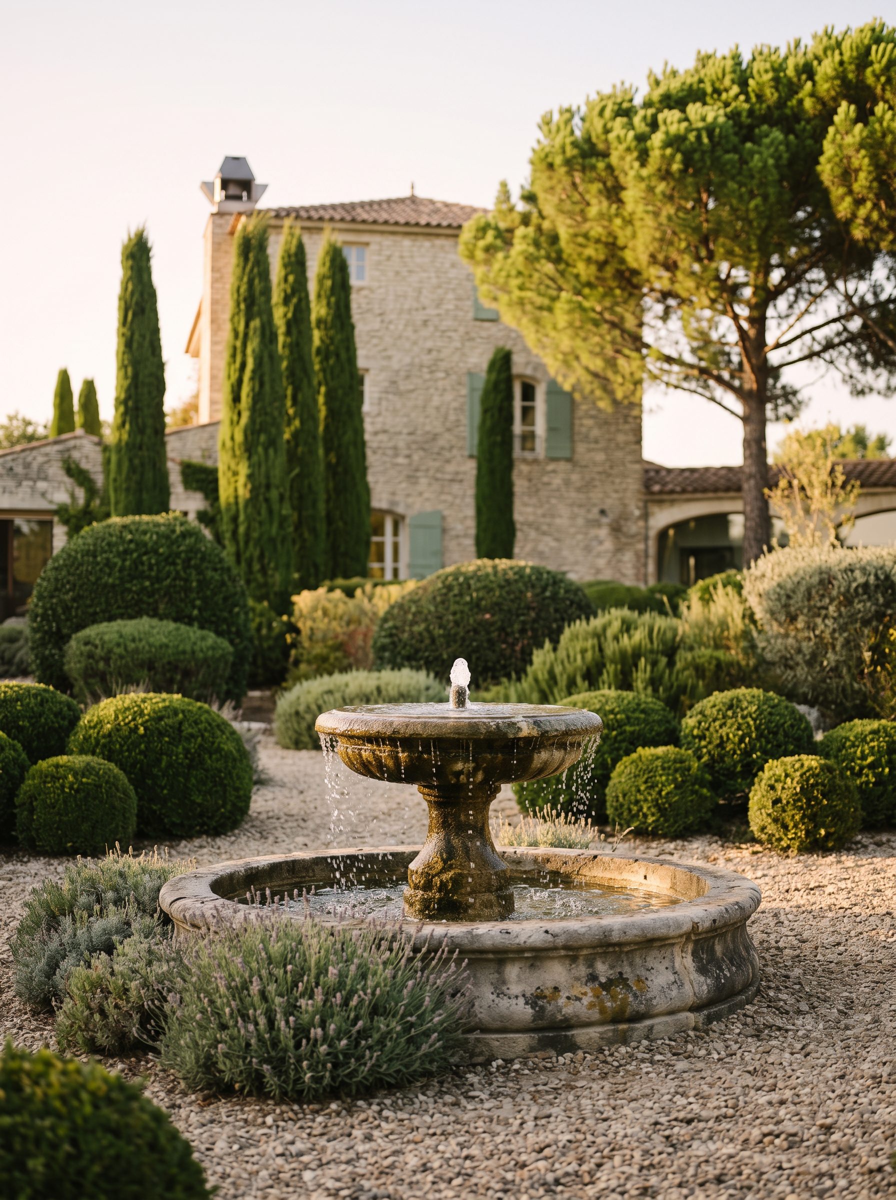La fontaine ronde en pierre au milieu du jardin