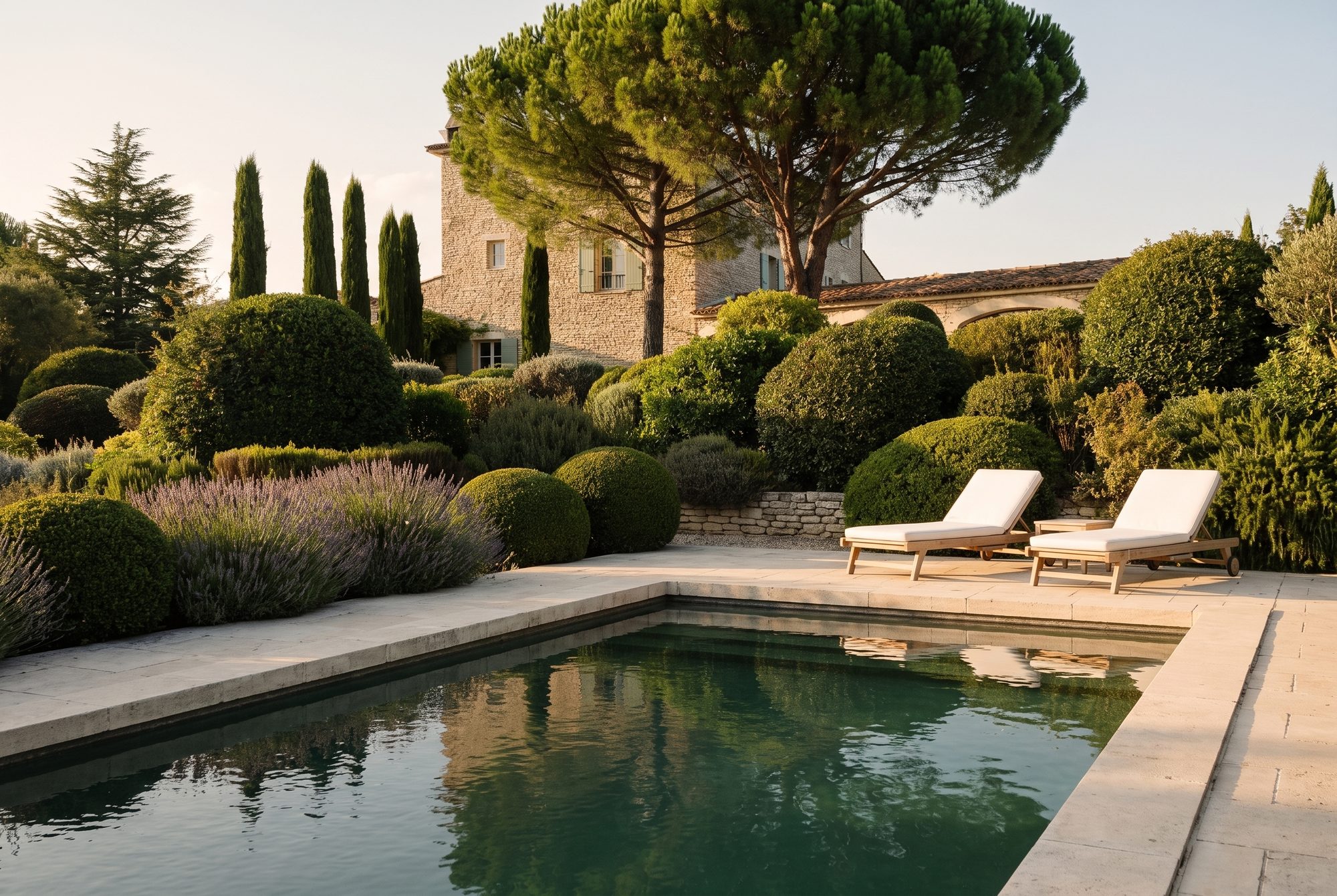 Transats au bord de la piscine, pergola et collines au loin
