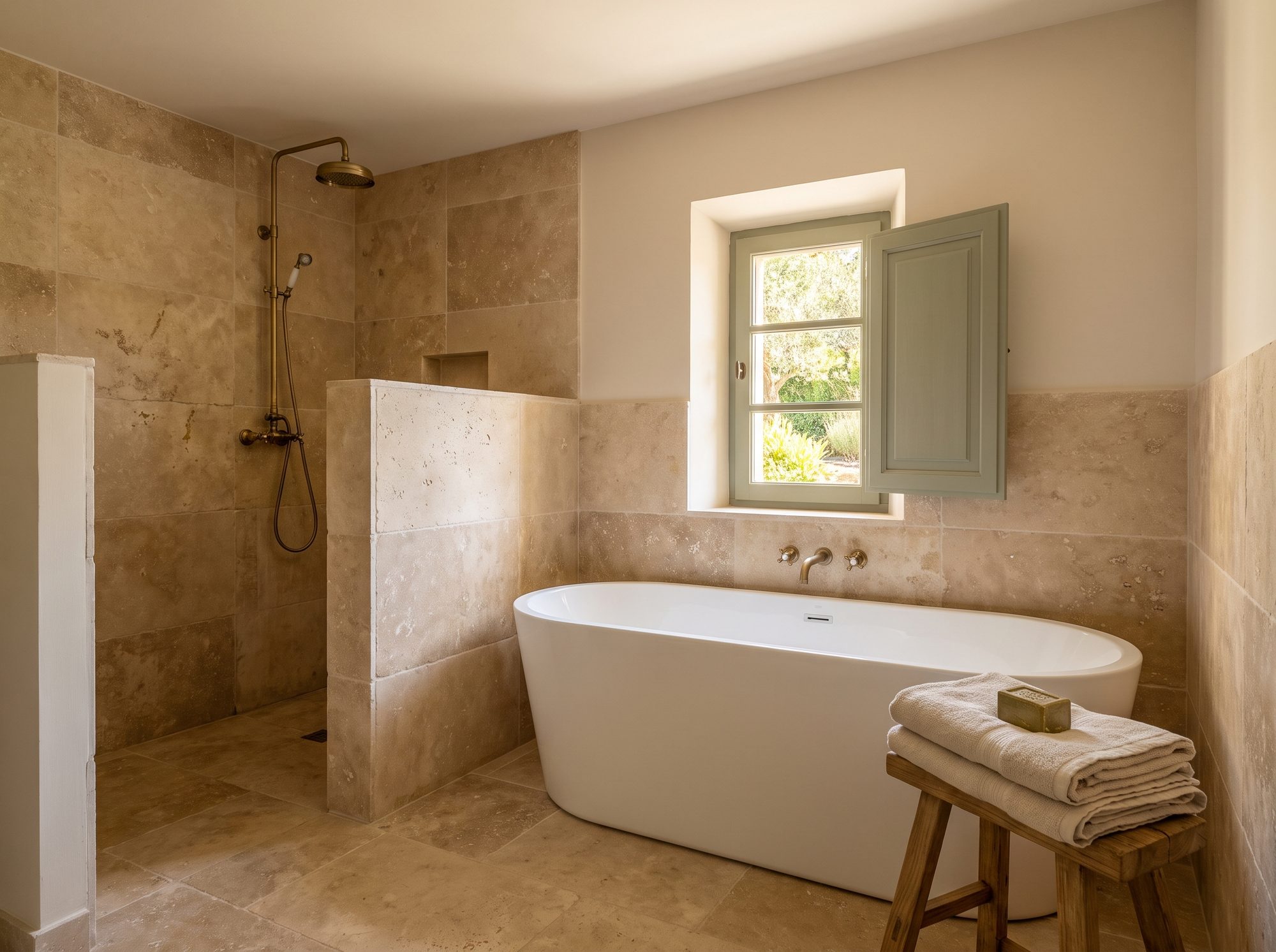 Salle de bains en travertin : baignoire îlot et douche à l'italienne