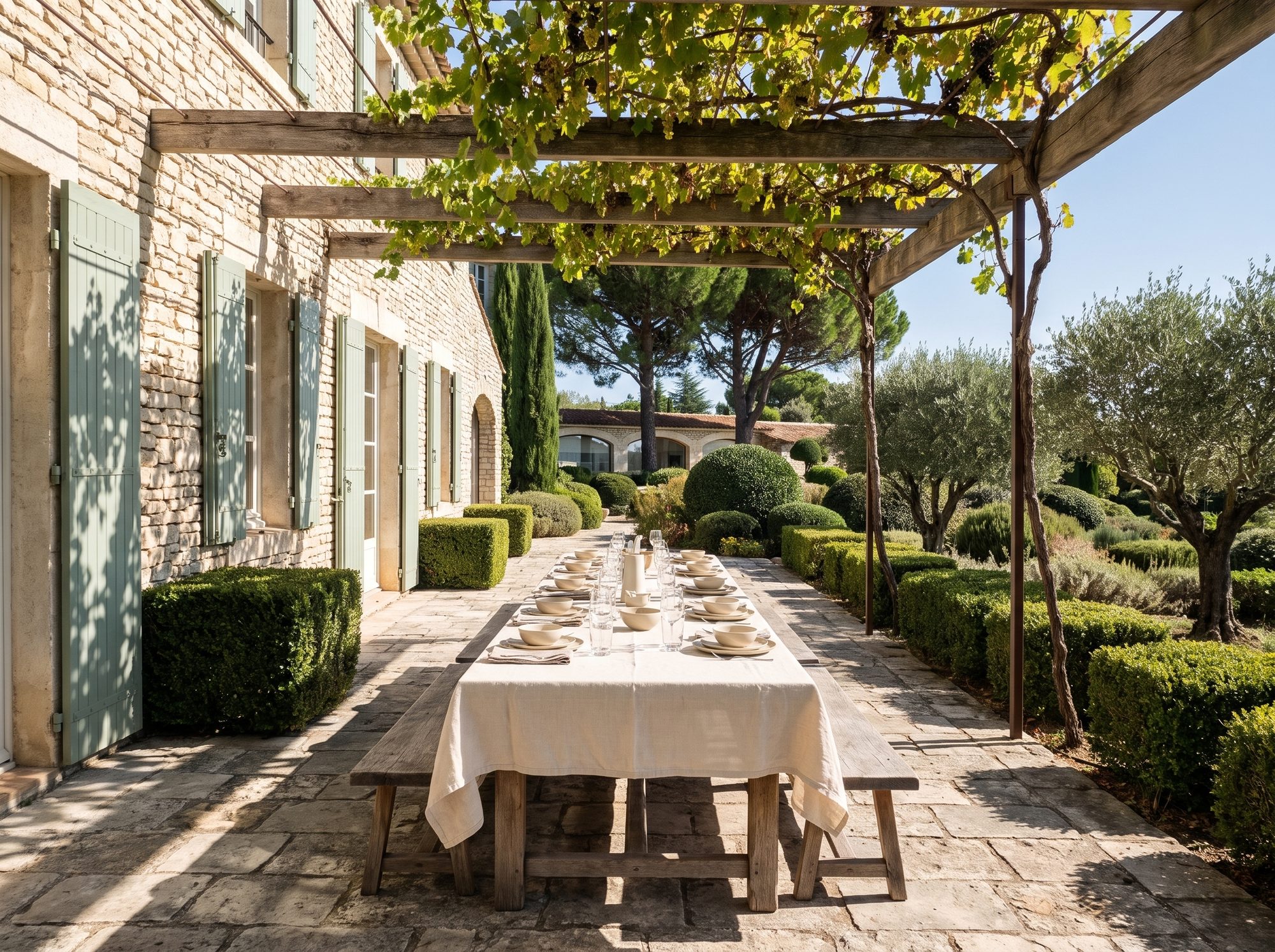 Grande table sous la pergola de vigne, terrasse en pierre